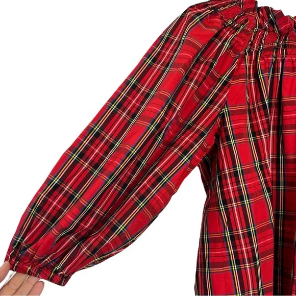 J Crew Smocked-neck Top in Good Tidings Holiday Red Plaid Blouse Balloon Sleeve - Picture 3 of 7